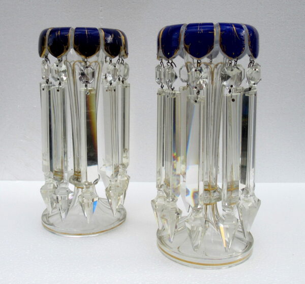 313. Pair of Hand Cut Lead Crystal Bohemian Cobalt Blue Enameled Gilt Lusters 19thCt