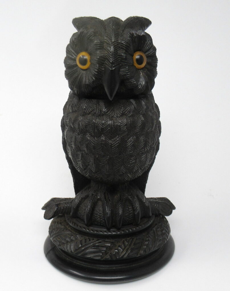 836. Extremely Fine Irish Bog Oak Hand Carved Owl poss. Cornelius Goggin 19thCt