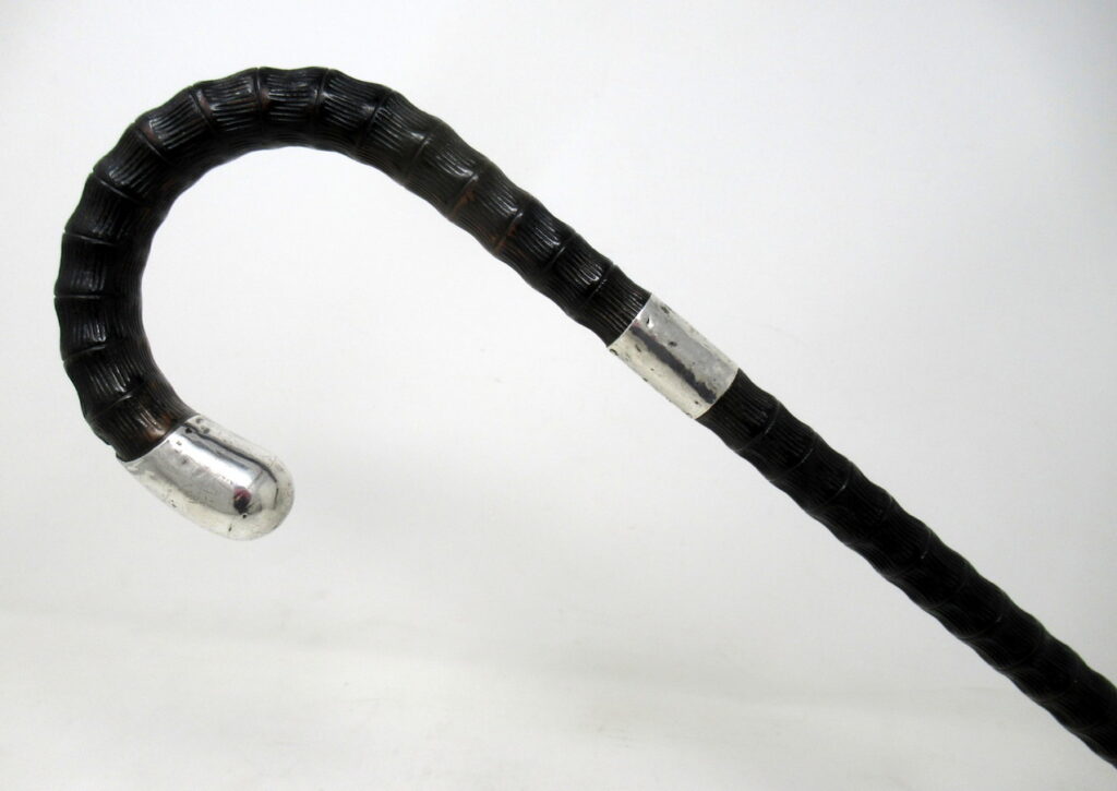 258. Ebonised Carved Wood Walking Stick Cane Crook Handle Sterling Silver Collar 1915