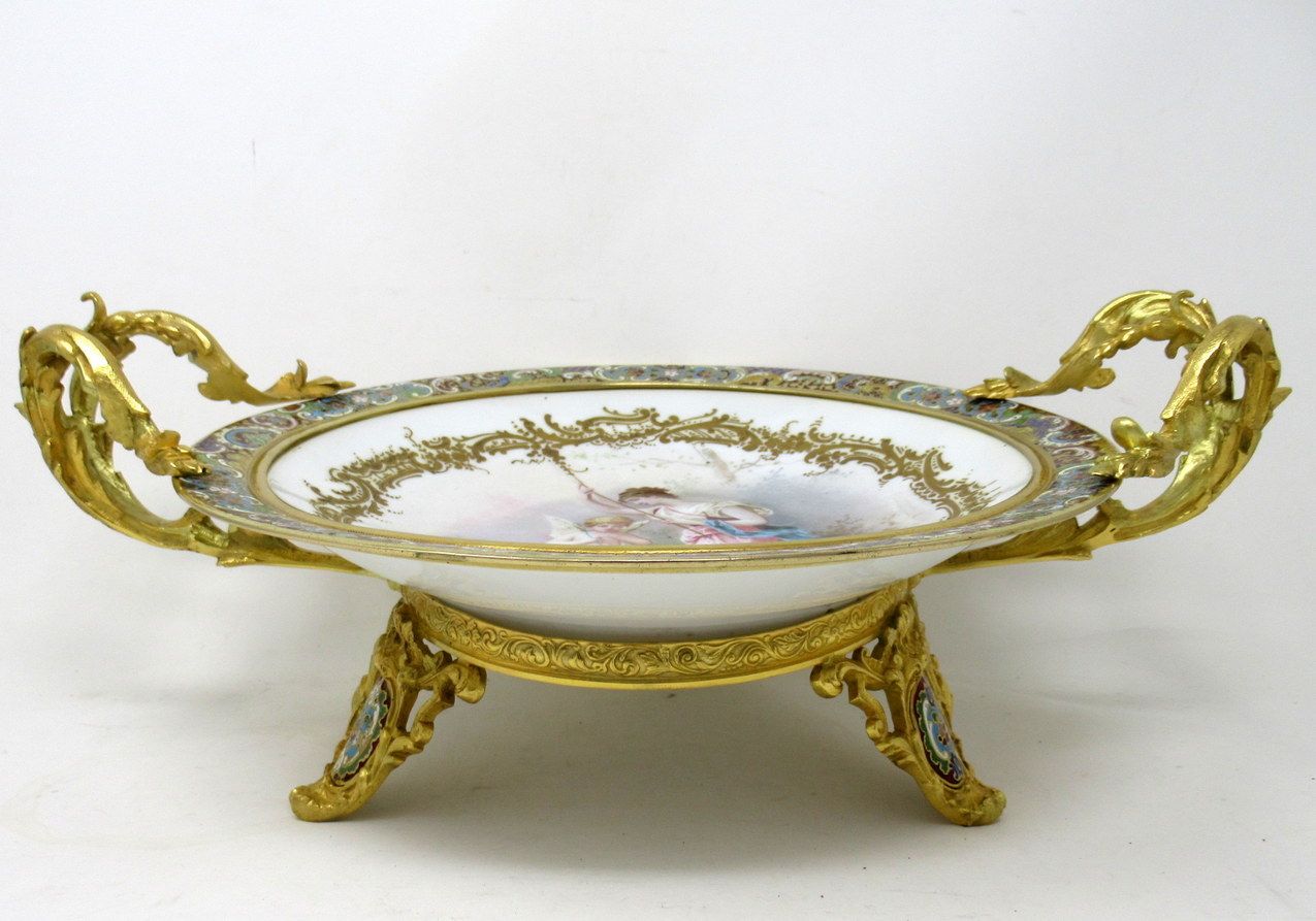 124. Antique French Sevres Ormolu Gilt Bronze Dore Champlevé Porcelain Tazza Plate - Image 4