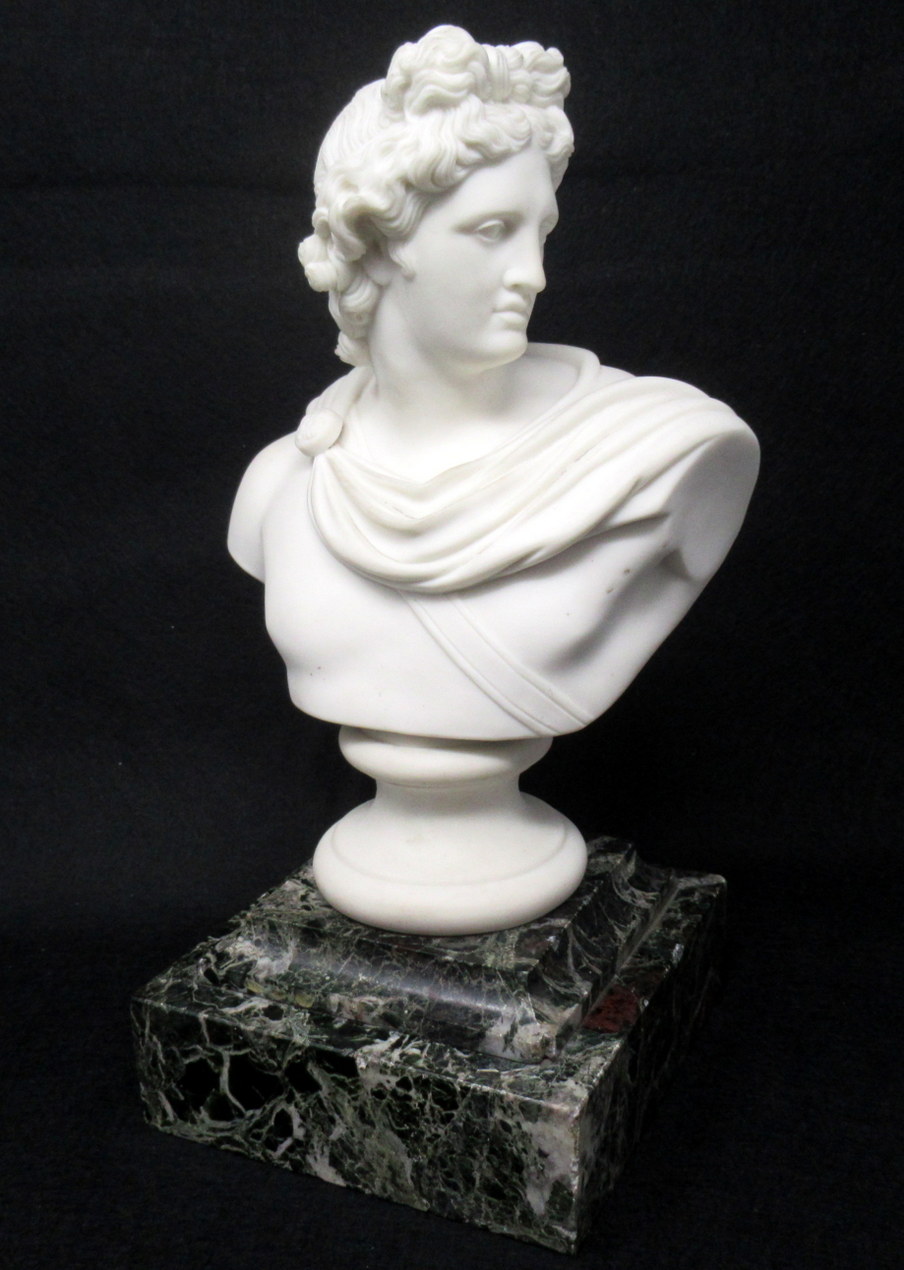 813. Parian Bust of Apollo Belvedere possibly Copeland Green Marble Base 19thCt