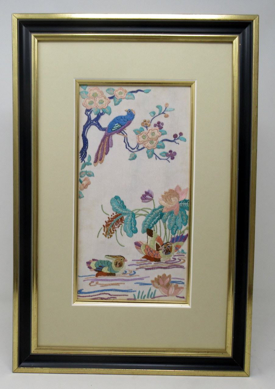 648. Antique Pair of Chinese Hand Embroidered Silk Pictures Panels Irish Interest - Image 3