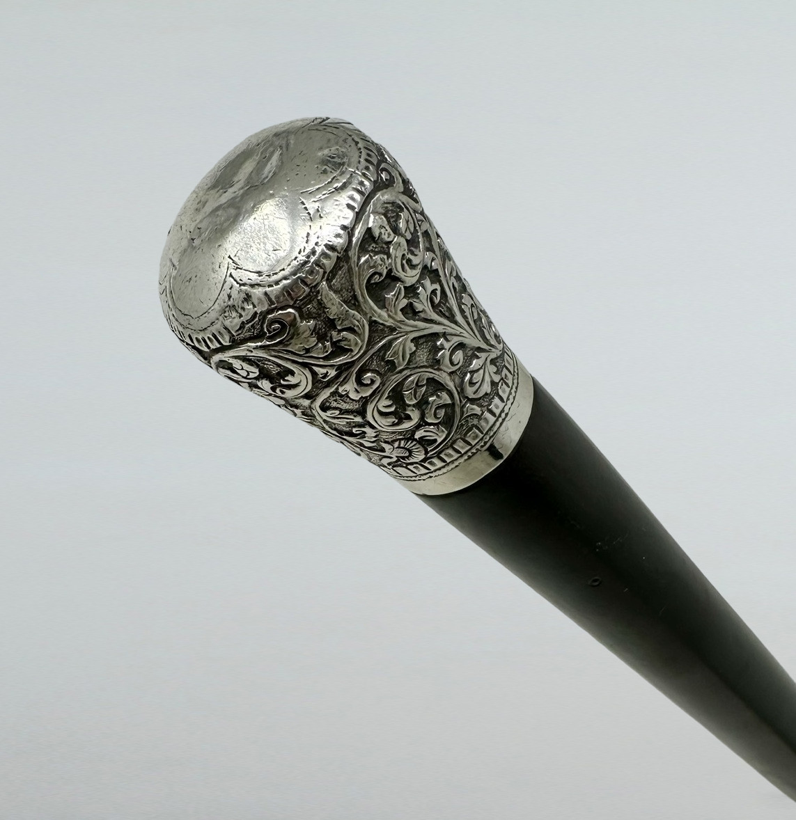 574. Antique Vintage Wooden Ebony Chinese Walking Stick Dress Cane Sterling Silver - Image 3