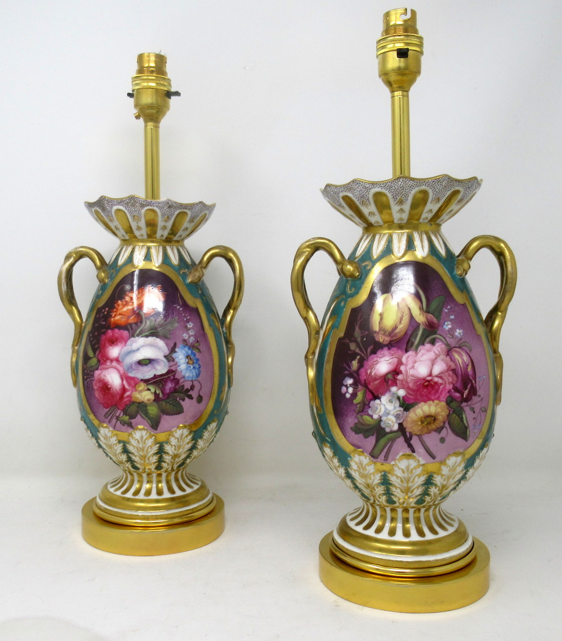 539. Antique Pair English Staffordshire Porcelain Table Lamps Ridgway or Rockingham - Image 2