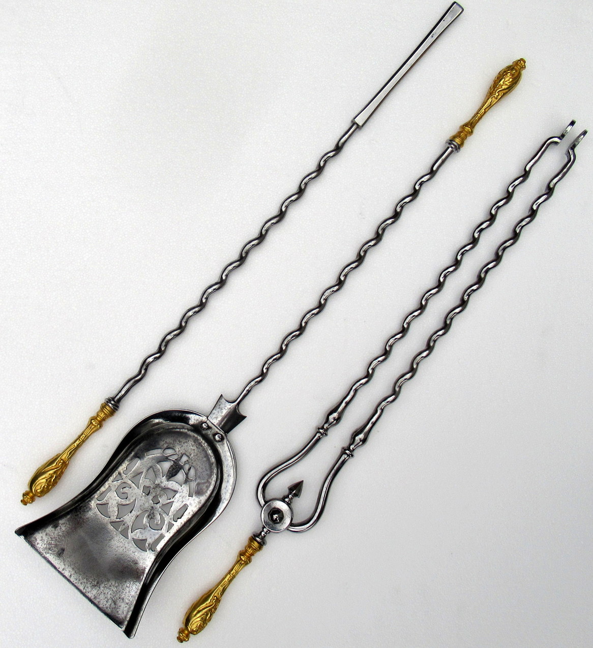 117. Set English Georgian Regency Burnished Steel Gold Plated Fire Tools Irons 18Ct - Image 3