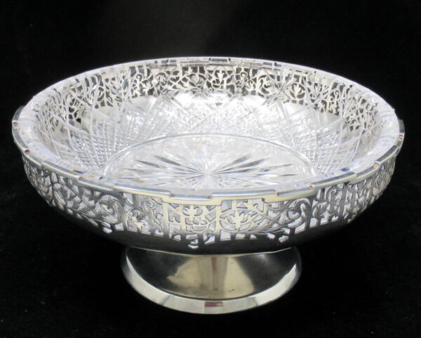 552. Antique Art Deco English Sterling Silver Fruit Bowl Centerpiece Cut Crystal 1924