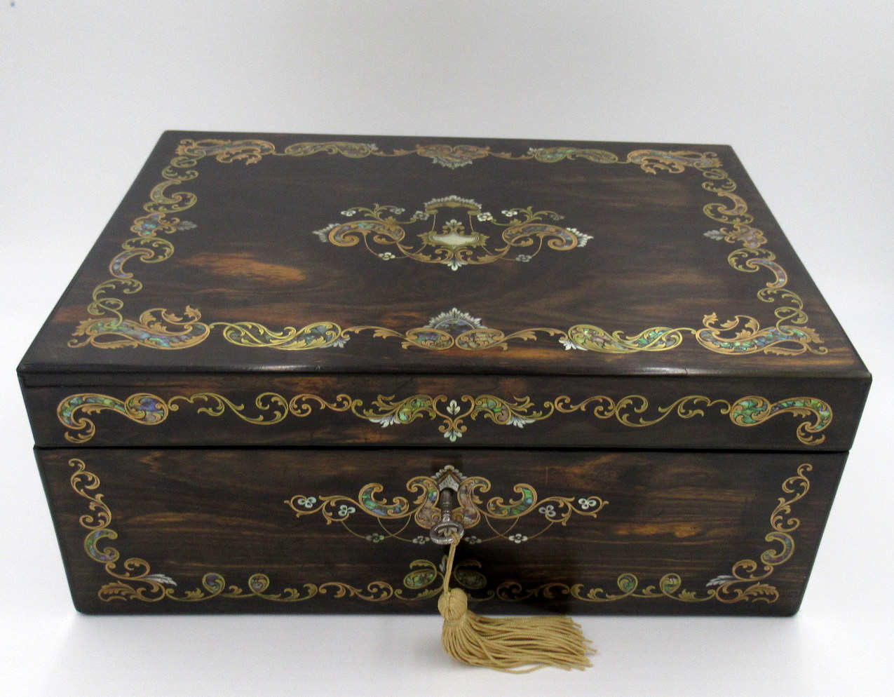279. Antique Coromandel Mahogany Brass Inlaid English Writing Box Slope Mother Pearl - Image 3
