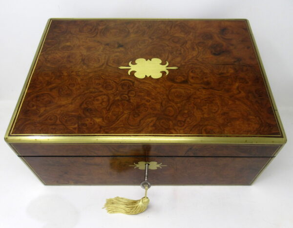 979. Antique Victorian Brass Burl Walnut Traveling Desk Wooden Writing Slope Box 19Ct