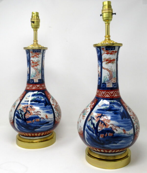 198. Antique Pair Japanese Chinese Imari Porcelain Ormolu Table Lamps Blue Red Gilt