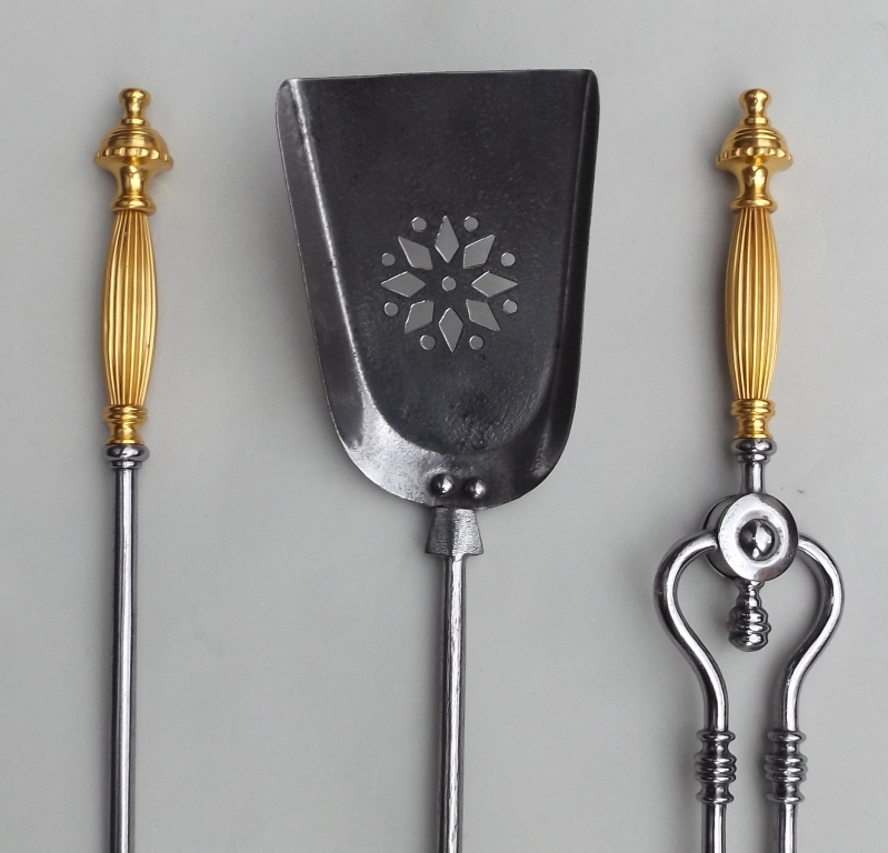 832. Fine Set Burnished Steel Fire Tools Gold Plated Handles Circa 1860 - Image 3