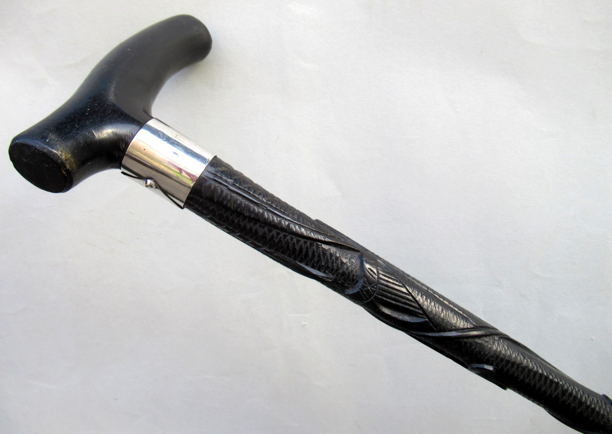 921. Fine Hand Carved Irish Bog Oak Walking Stick Silver Collar Hallmark 1900 - Image 6