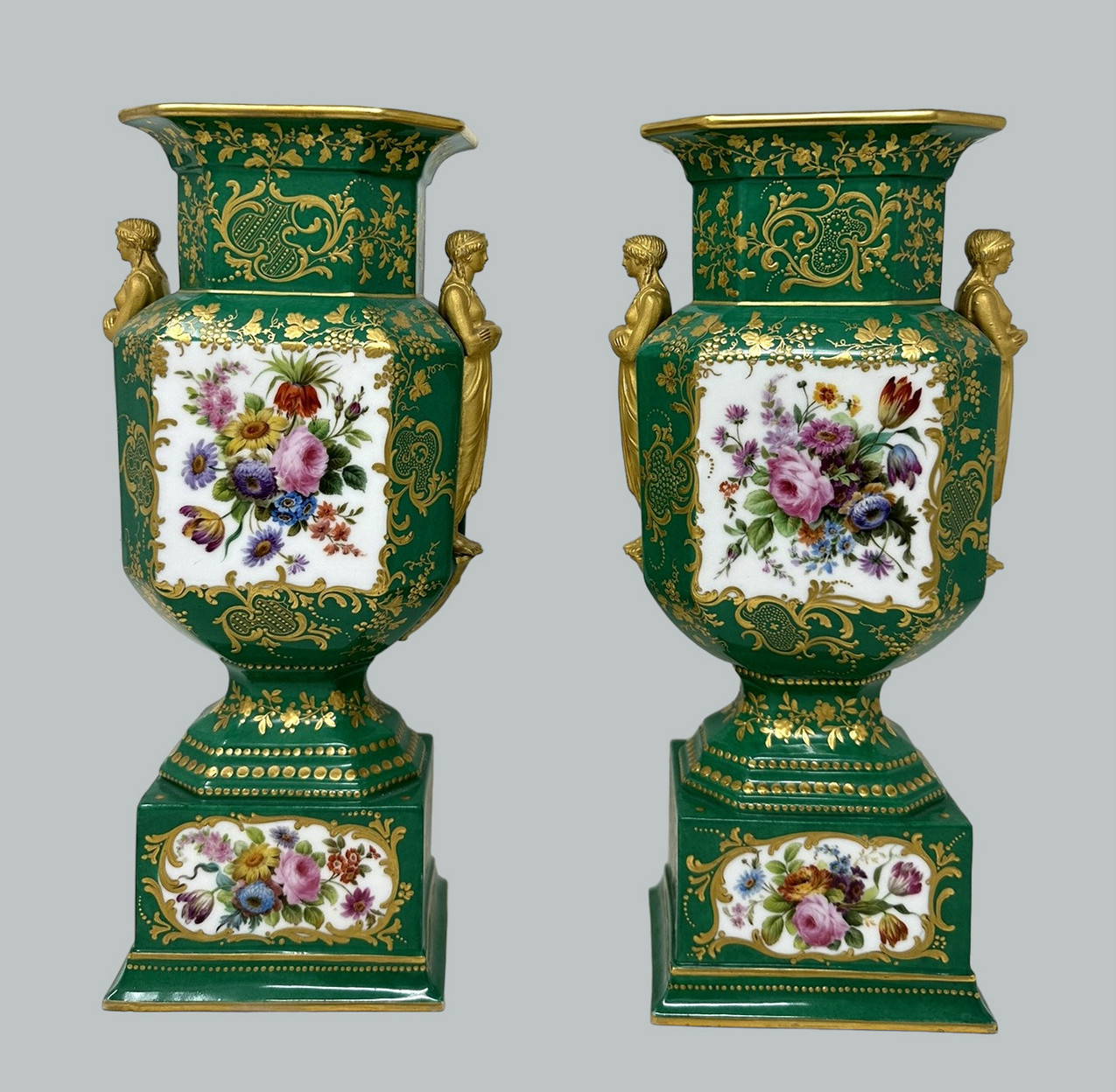 592. Antique Pair French Sèvres Porcelain Gilt Mounted Urns Vases Centerpieces 1830 - Image 3