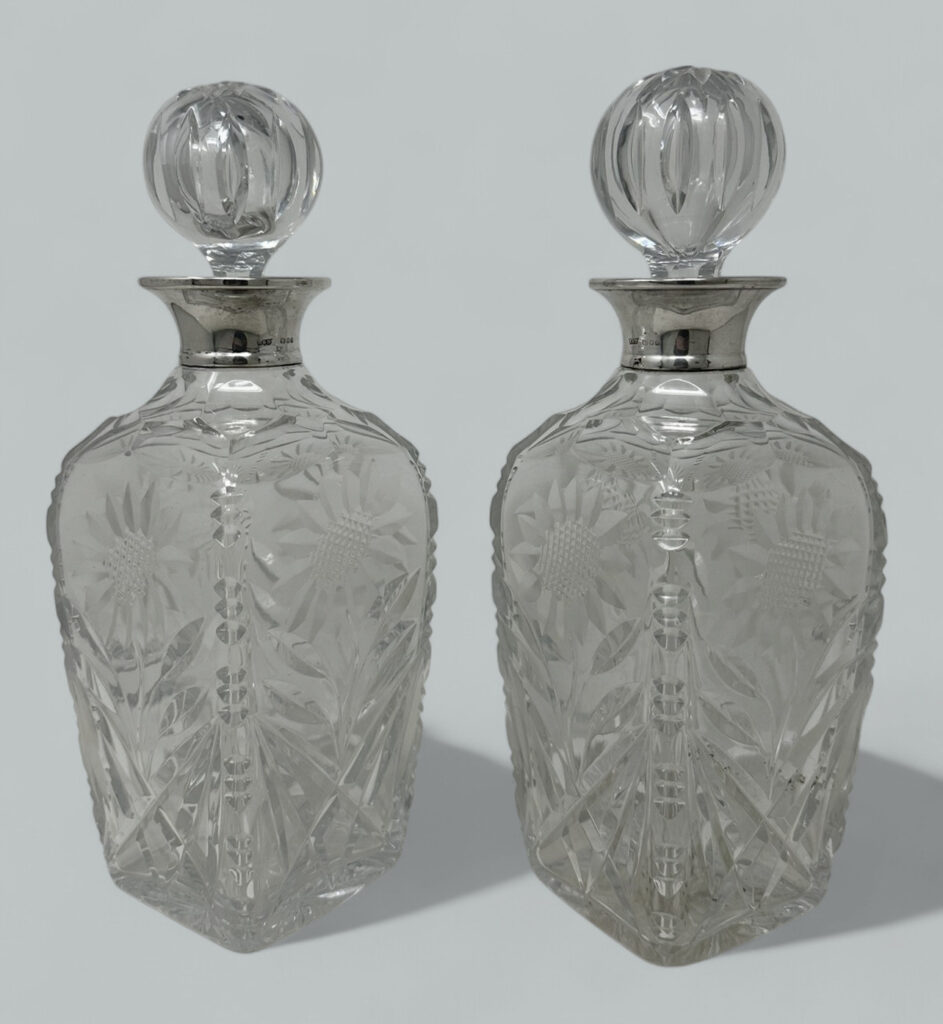 616. Pair Mid Century Full Lead Crystal Sterling Silver Spirits Wine Decanters, 1966