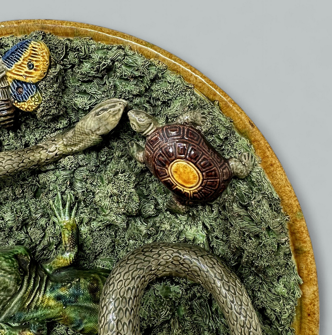447. Antique Majolica Palissy Portuguese Charger by Jose A Cunha Butterfly Snake 1905 - Image 6