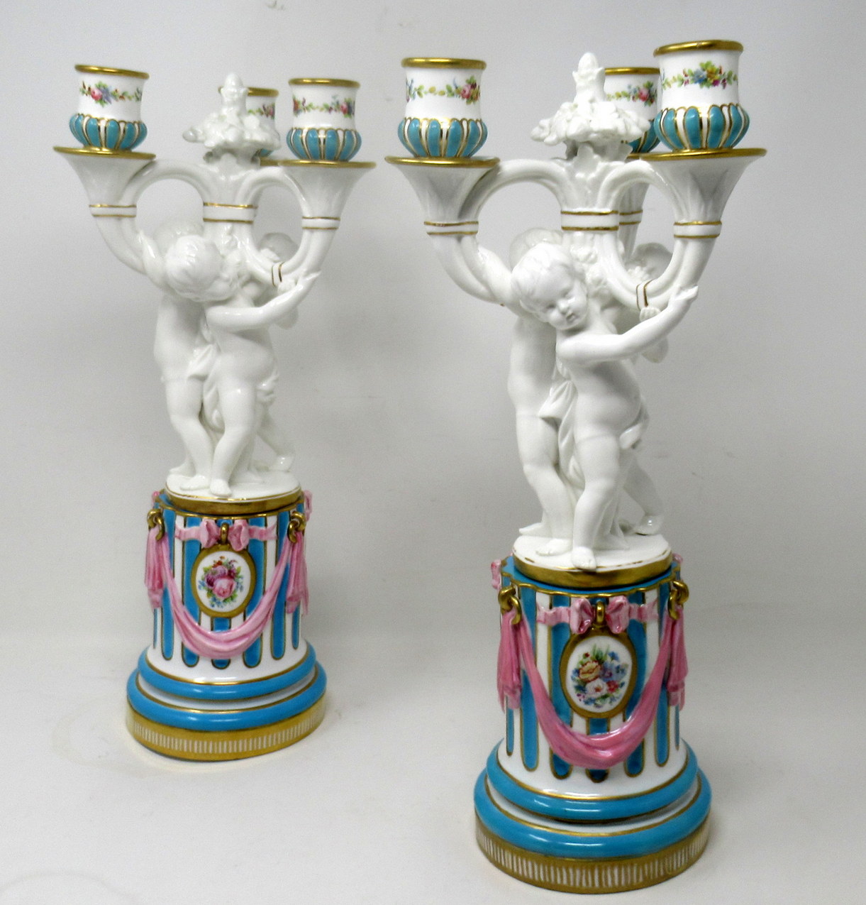 432. Antique Pair Minton Staffordshire Porcelain Candelabra Centerpieces Cherub 19C - Image 2