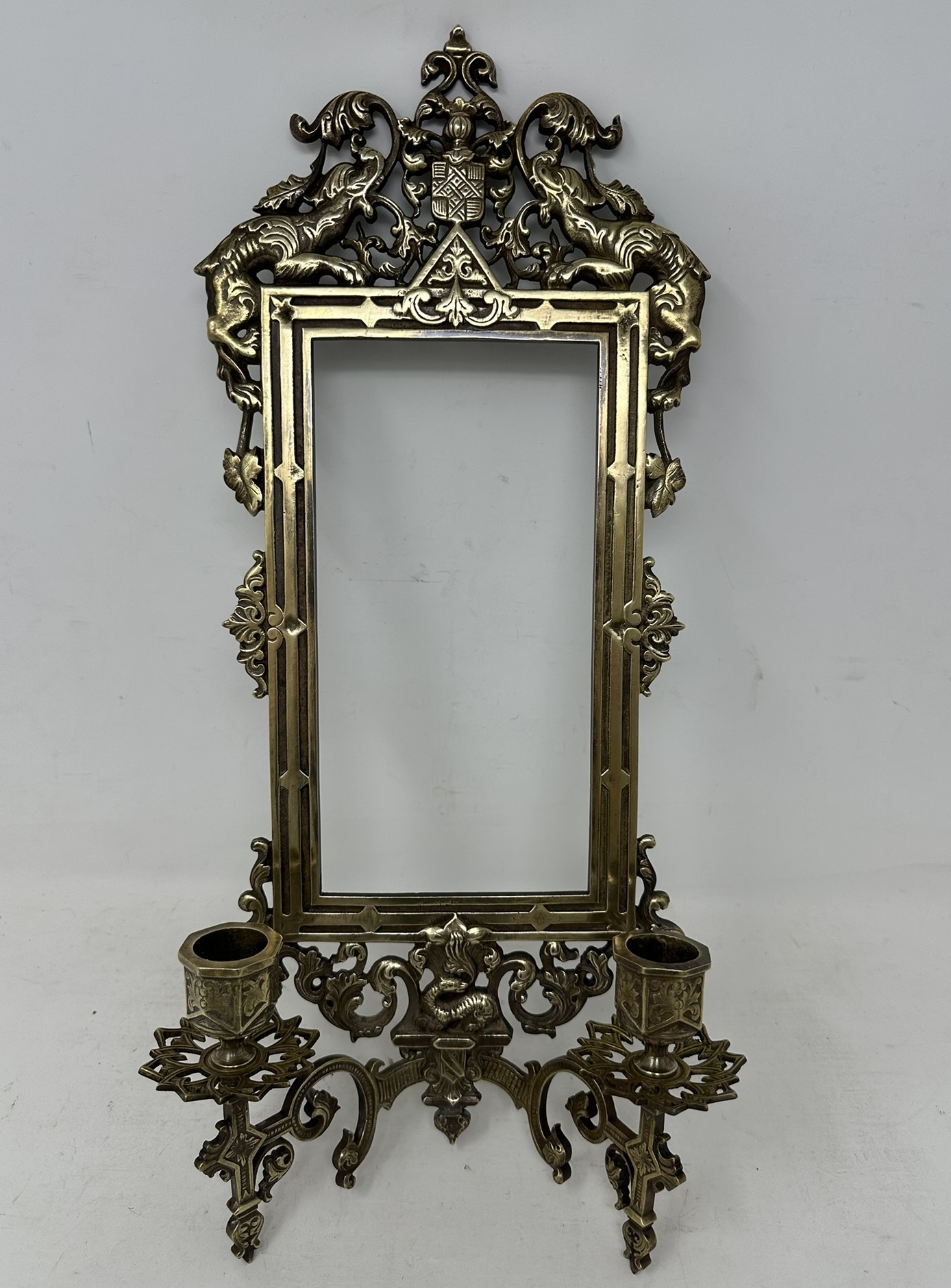 078. Antique Pair French Brass Girandole Wall Applique Sconces Mirrors Candlesticks - Image 4