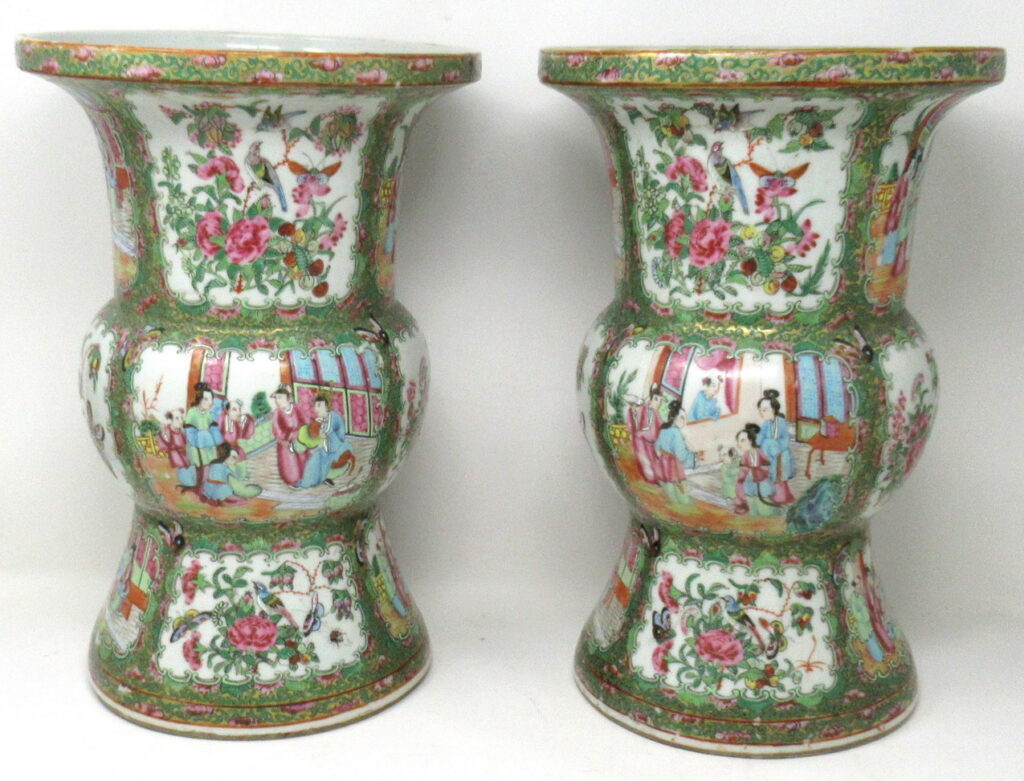 856. SOLD. Antique Pair Famille Rose Medallion Canton Cantonese Chinese Gu Vases Urns 19Ct