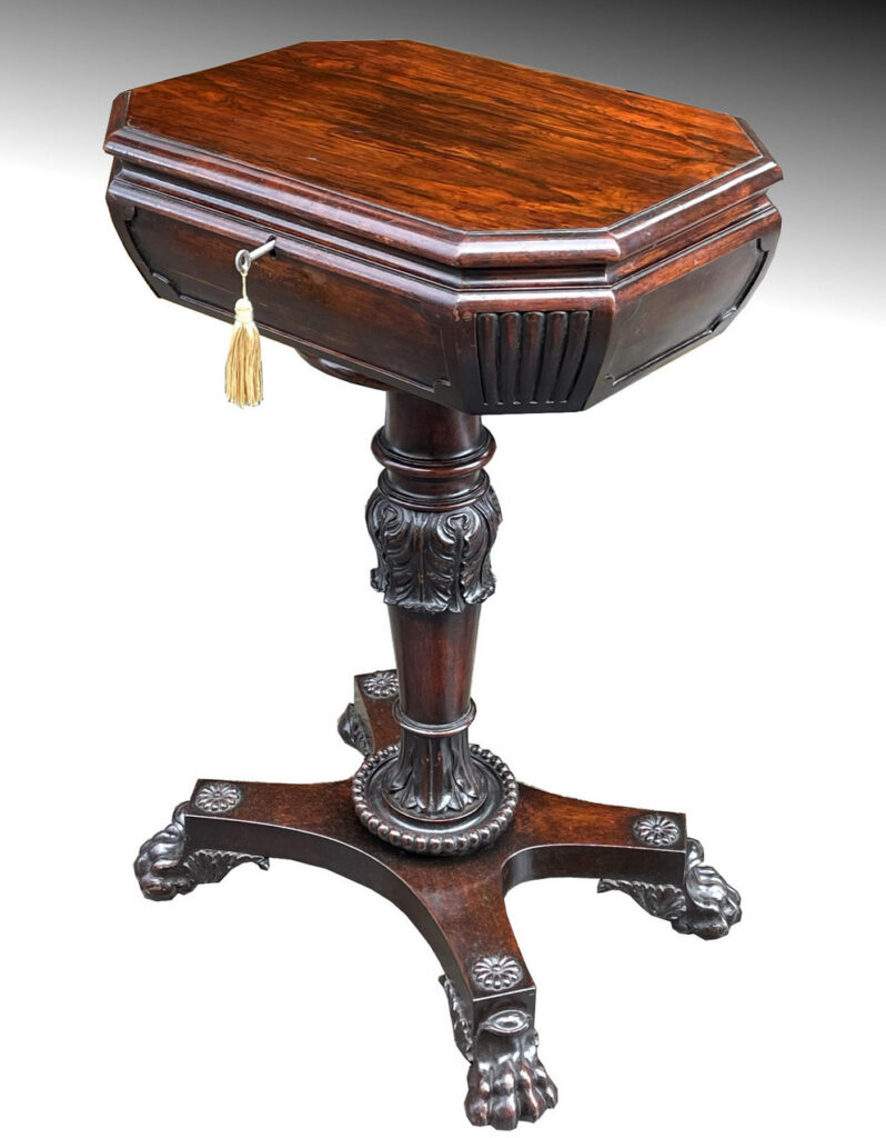 937. Antique English Regency Rosewood Fitted Tea Poy Caddy or Lamp Side Table 19th Ct