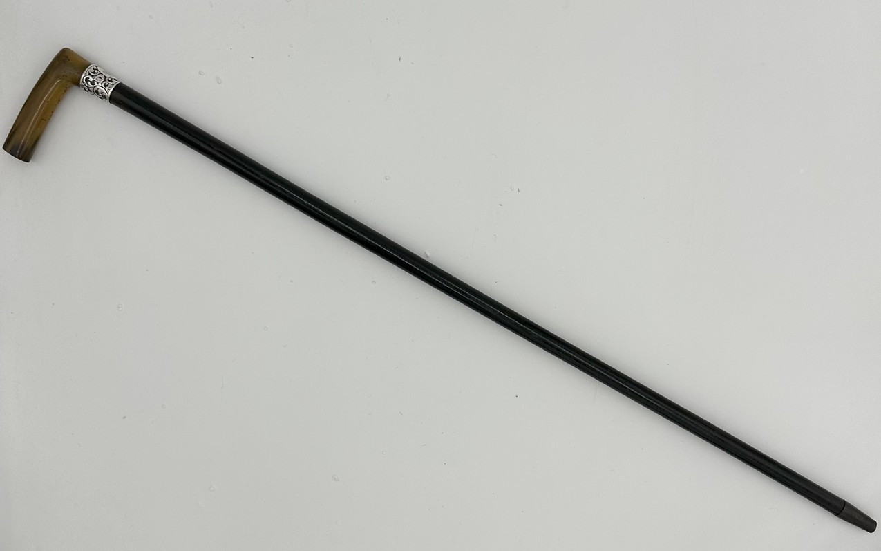 261. Antique Vintage Walking Stick Cane Wooden Sterling Silver Cow Horn Handle 1889 - Image 10