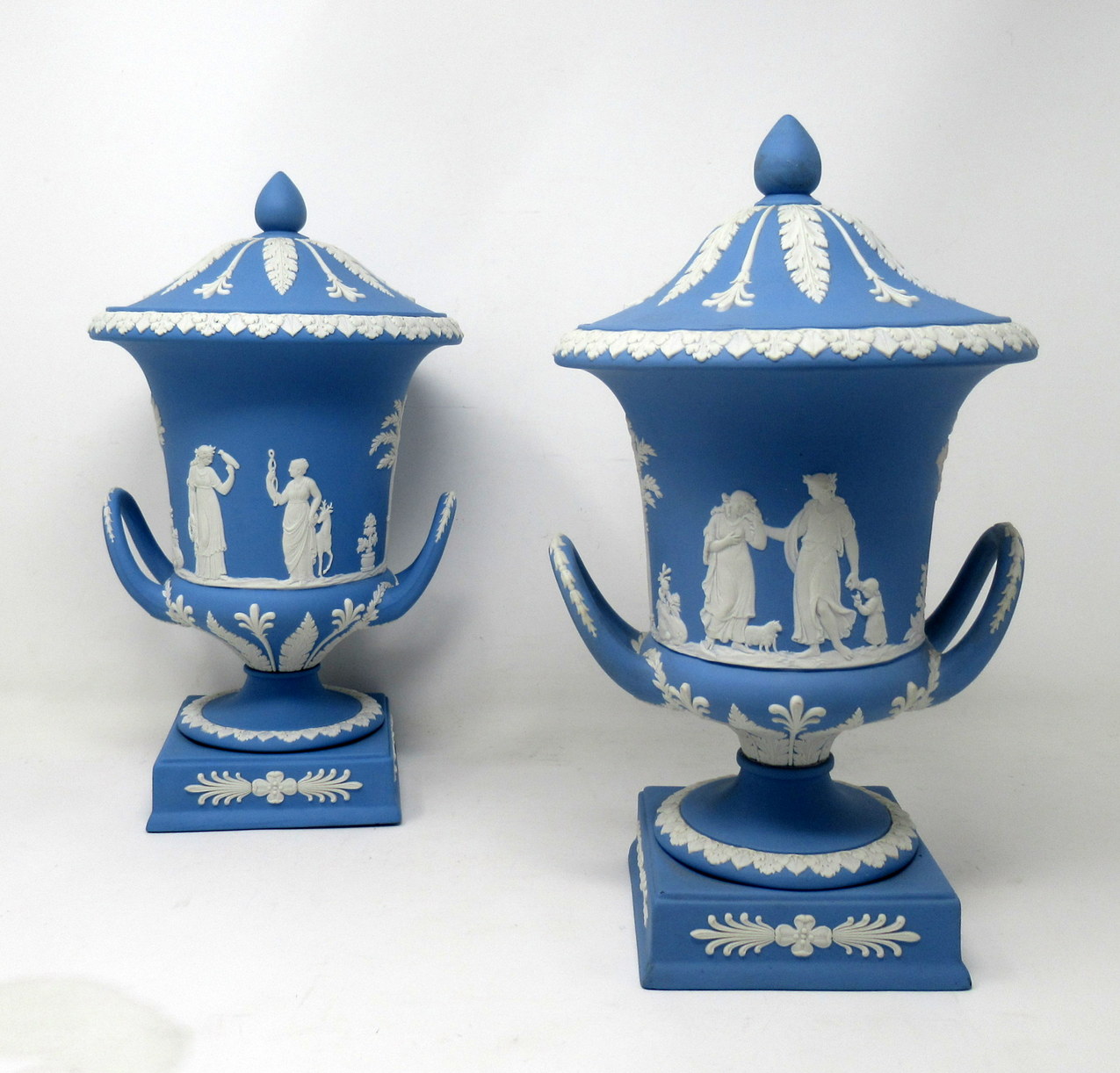 356. Antique Pair of Blue Wedgwood Jasperware Ceramic Urns Vases Mythological Classical Scenes