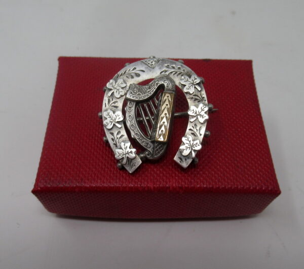 468. Antique Gold Sterling Silver Irish Harp Celtic Shamrock Horseshoe Brooch 1892