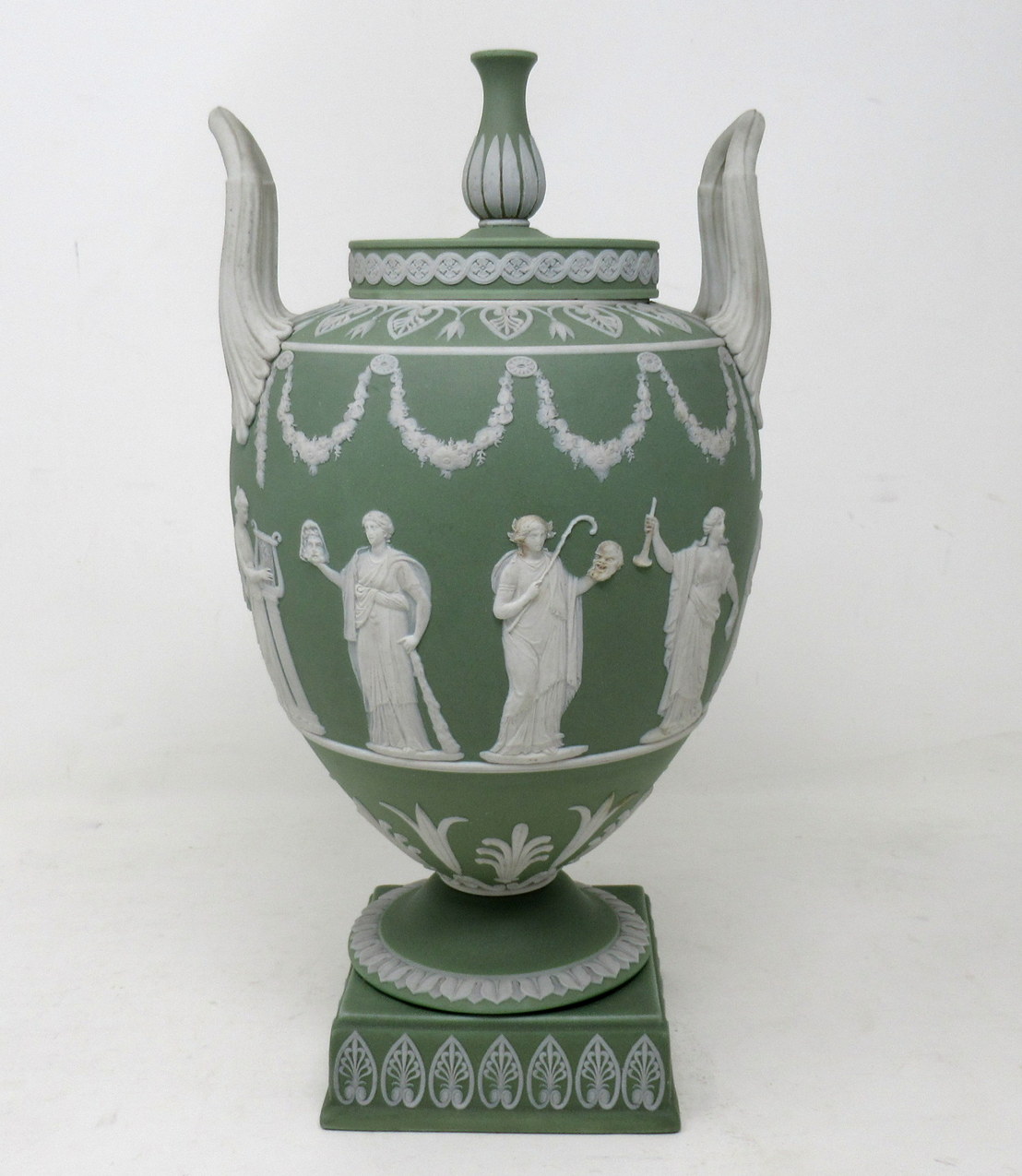 229. Antique Green Wedgwood Jasperware Ceramic Urn Vase after John Flaxman Cherubs - Image 2