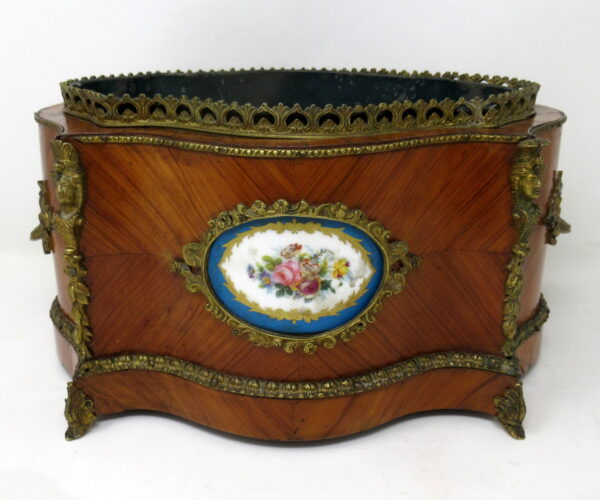 203. Antique French Kingwood Jardinière Planter Centerpiece Sevres Porcelain Plaques