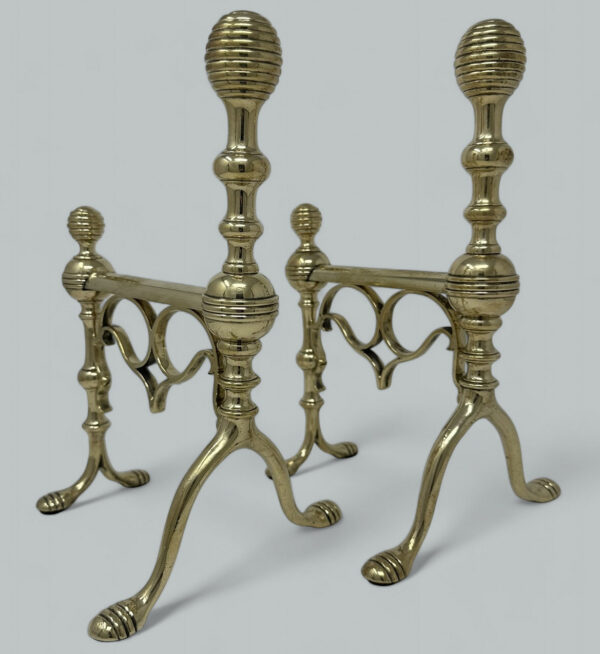 419. Antique Pair English Country House Victorian Brass Fireplace Fire Dogs Andrions