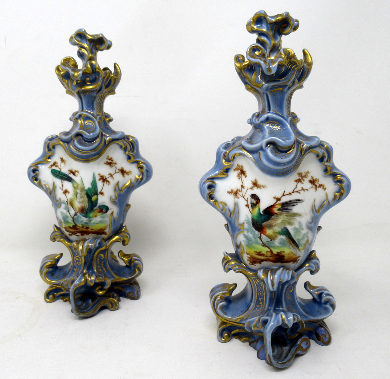 459. Antique Pair French Porcelain Scent Perfume Bottles Jacob Petit Celeste Blue Gilt - Image 2
