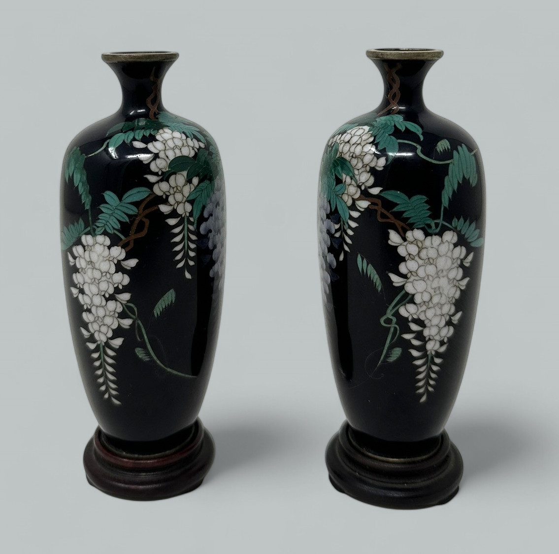 941. Antique Pair Meiji Period Japanese Miniature Cloisonne Enamel Urns Vases 1875 - Image 2