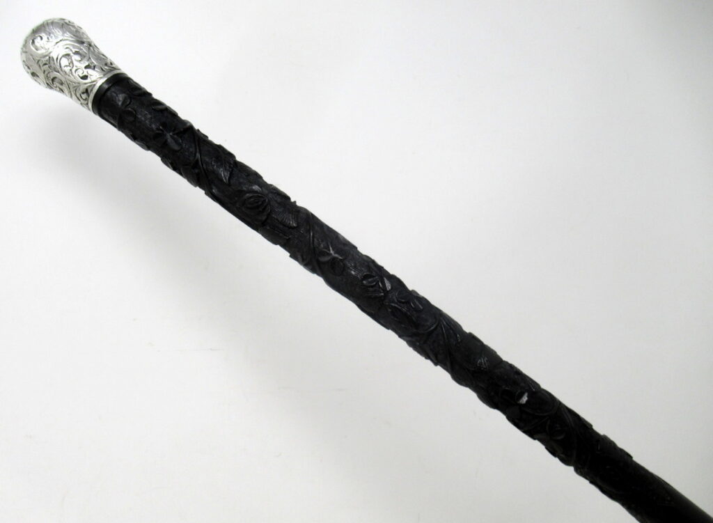 853. Antique Vintage Irish Bog Oak Wooden Walking Cane Swagger Stick Sterling Silver