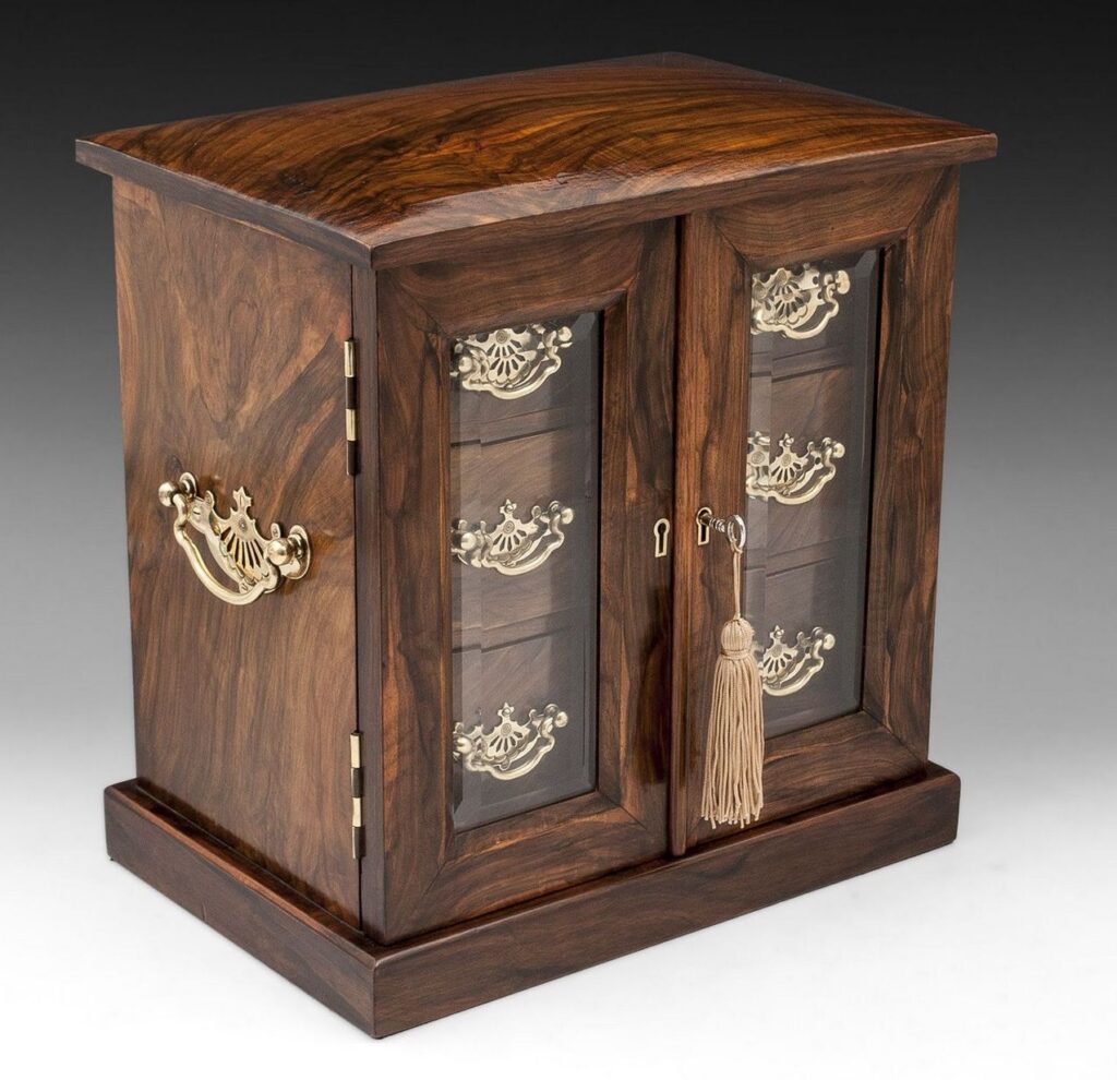 217. SOLD. Antique Walnut Lady’s Gentleman’s Jewelery Cabinet Casket Box Fitted Drawers
