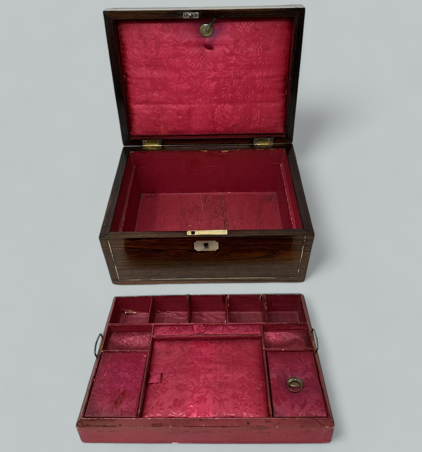 983. Antique Inlaid Rosewood English Jewelry Sewing Casket Silk Lined Interior 19th Ct - Image 6