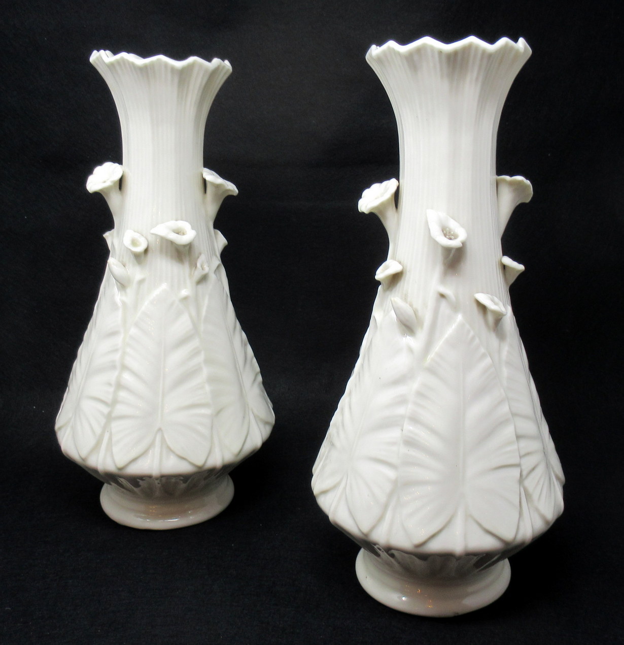 504. Rare Large Pair Irish Belleek Nile Vases Cala Lily Black Mark 1863-1891