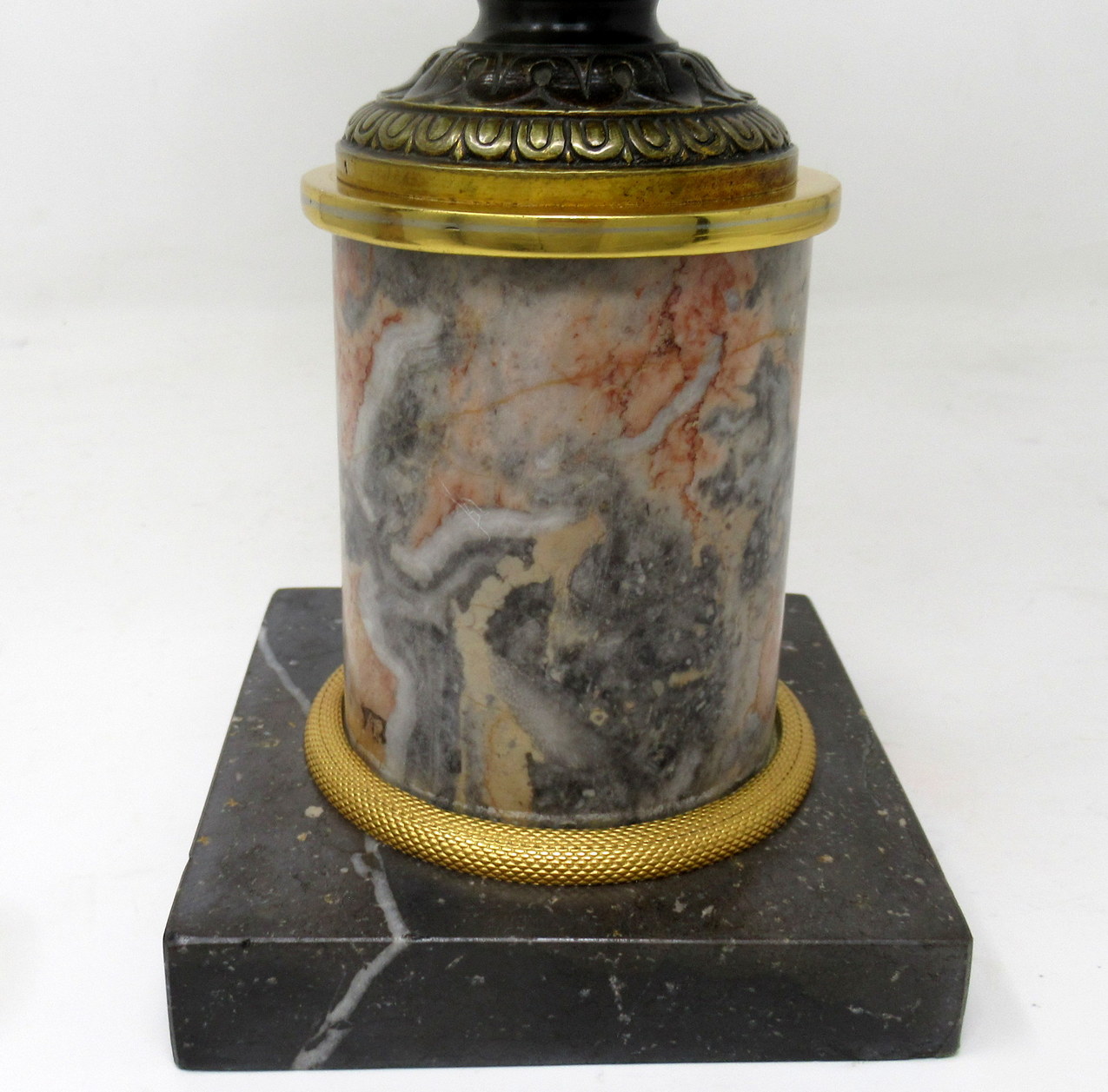 928. Antique Pair French Bronze Ormolu Townley Urns Vases Breche Violette Marble 19Ct - Image 10