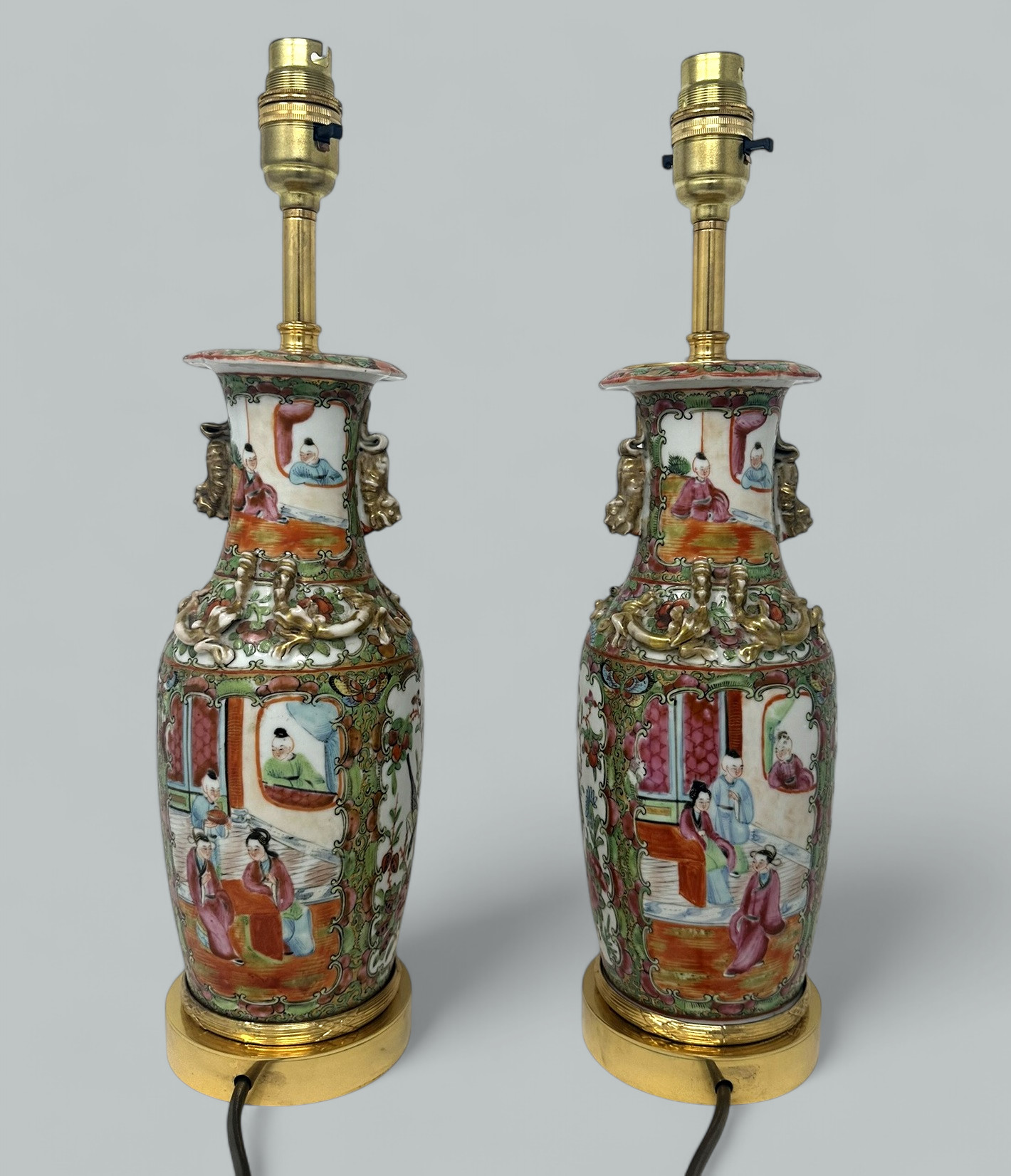 762. Antique Famille Rose Medallion Canton Cantonese Ormolu Chinese Table Lamps Pair - Image 5