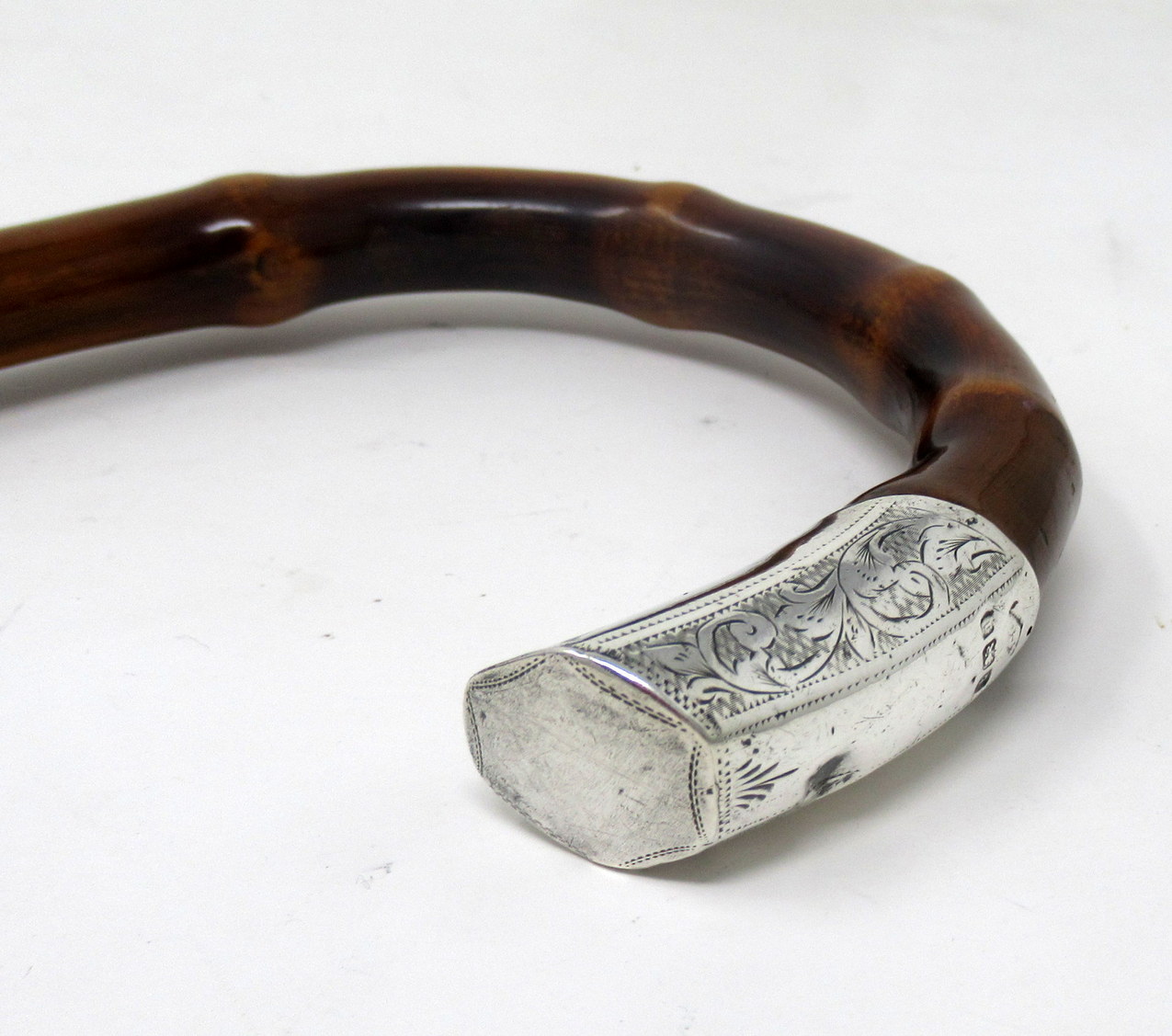 454. Antique Bamboo Wooden Walking Stick Cane Sterling Silver Mount Crook Handle 1908 - Image 8