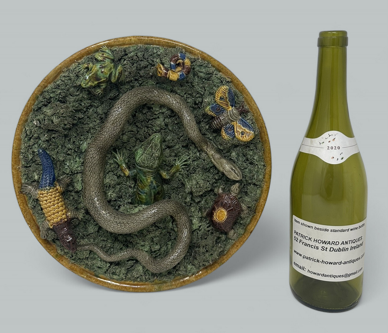 447. Antique Majolica Palissy Portuguese Charger by Jose A Cunha Butterfly Snake 1905 - Image 12