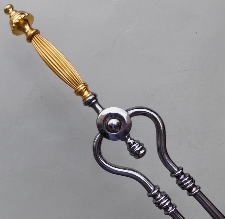 832. Fine Set Burnished Steel Fire Tools Gold Plated Handles Circa 1860 - Image 4