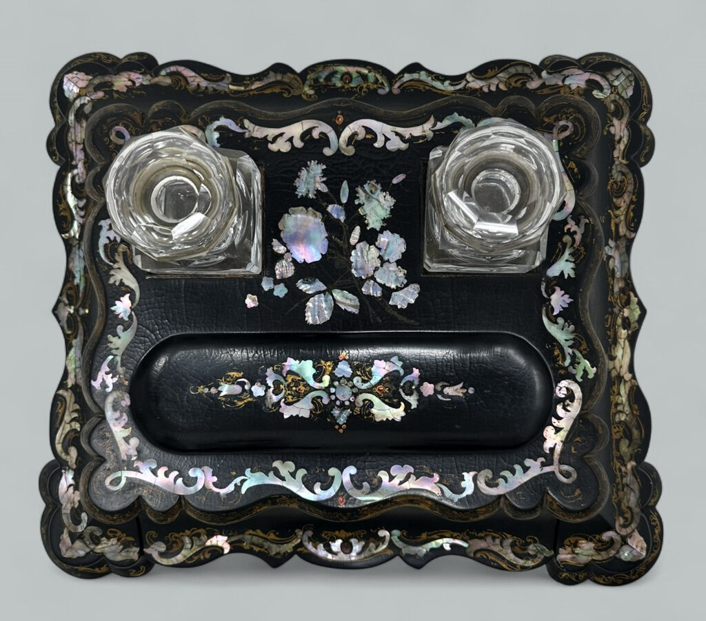 301. SOLD. Antique Jennings and Bettridge Grand Tour Papier Mache Desk Set Inkstand Encrier