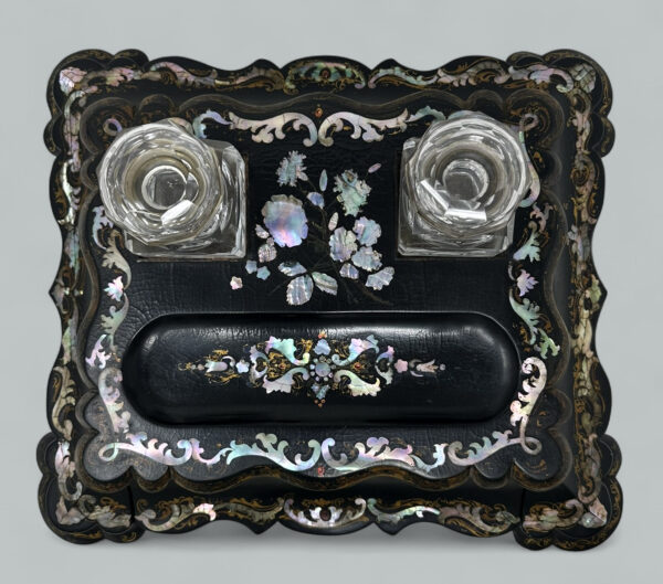 301. Antique Jennings and Bettridge Grand Tour Papier Mache Desk Set Inkstand Encrier