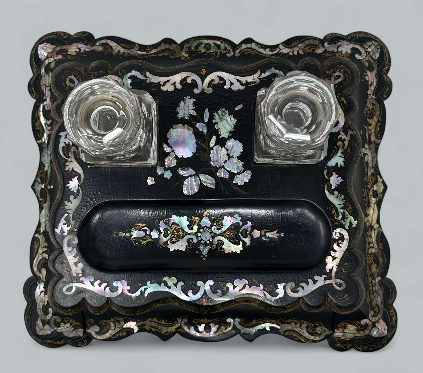 301. Antique Jennings and Bettridge Grand Tour Papier Mache Desk Set Inkstand Encrier