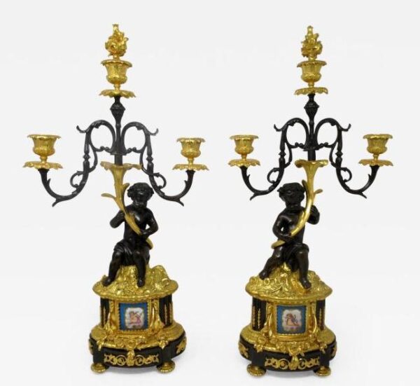 505. Pair Sèvres Porcelain Ormolu Gilt Bronze Celeste Blue Candelabra Candlesticks