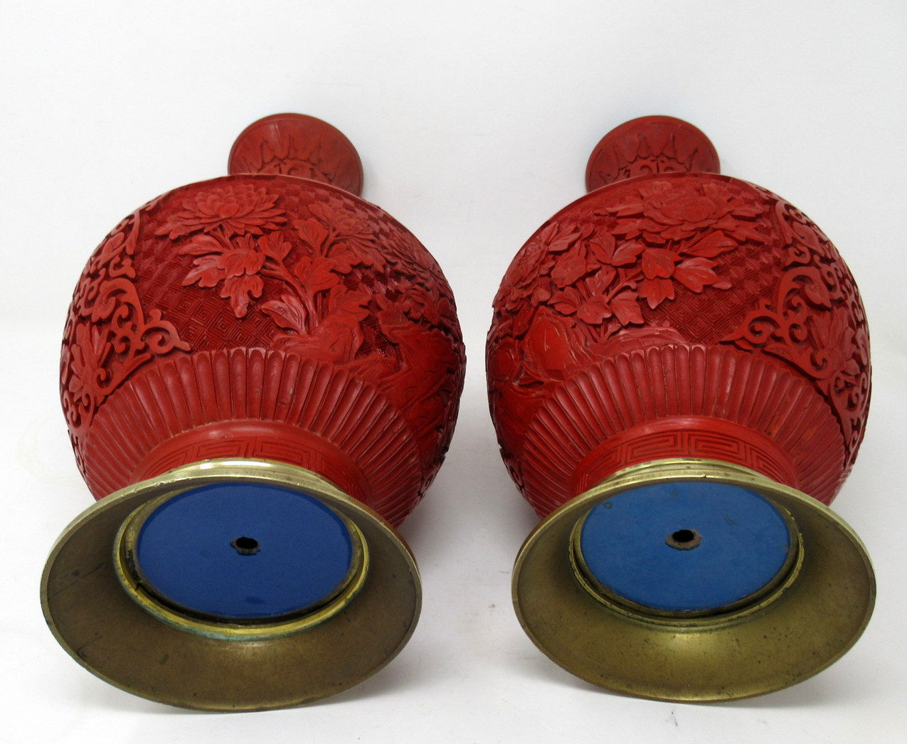 513. Pair Antique Chinese Export Carved Red Cinnabar Vases Urns Guangxu Period - Image 12