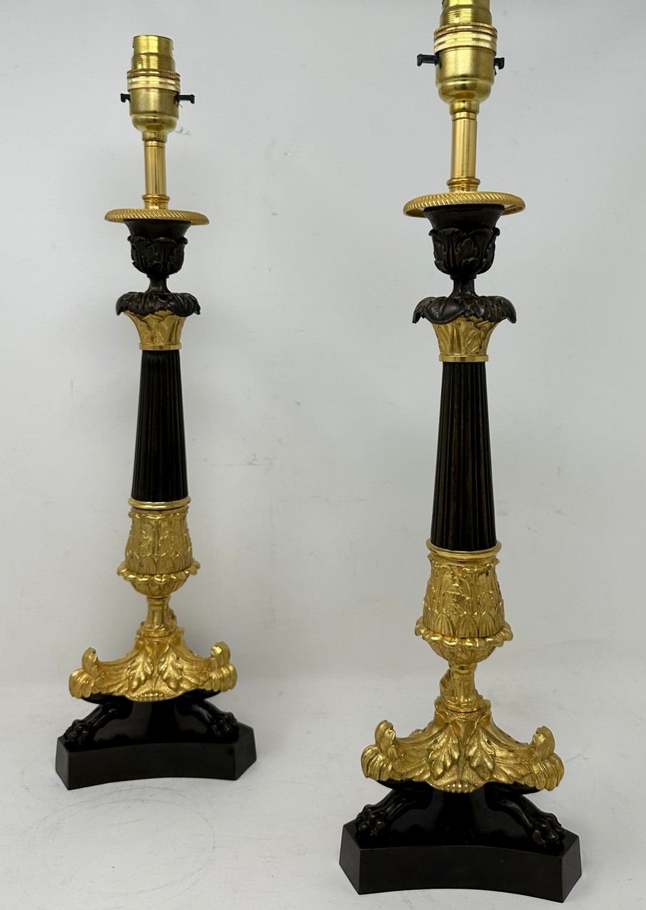222. Antique Pair of French Doré Bronze Neoclassical Ormolu Gilt Candlesticks Lamps - Image 2