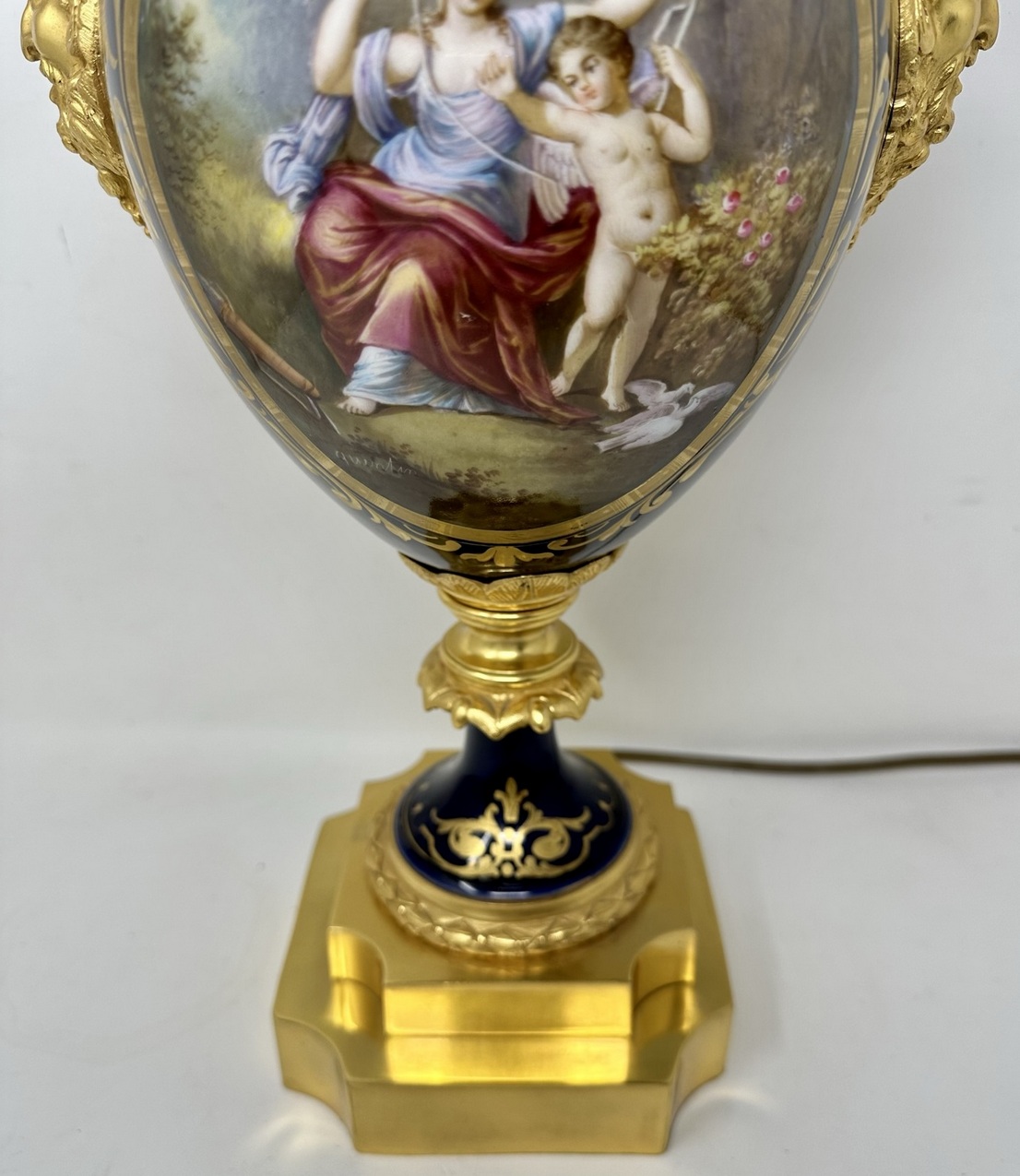 526. French Sèvres Porcelain Watteau Scene Ormolu Cobalt Blue Table Lamp Bronze Satyr - Image 8