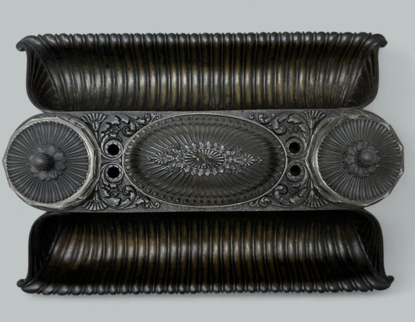 411. Antique French Regency Grand Tour Bronze Crystal Desk Set Inkstand Encrier 19Ct