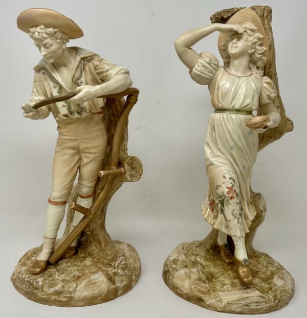 543. Antique Pair English Porcelain Royal Worcester James Hadley Blush Figures 19thCt