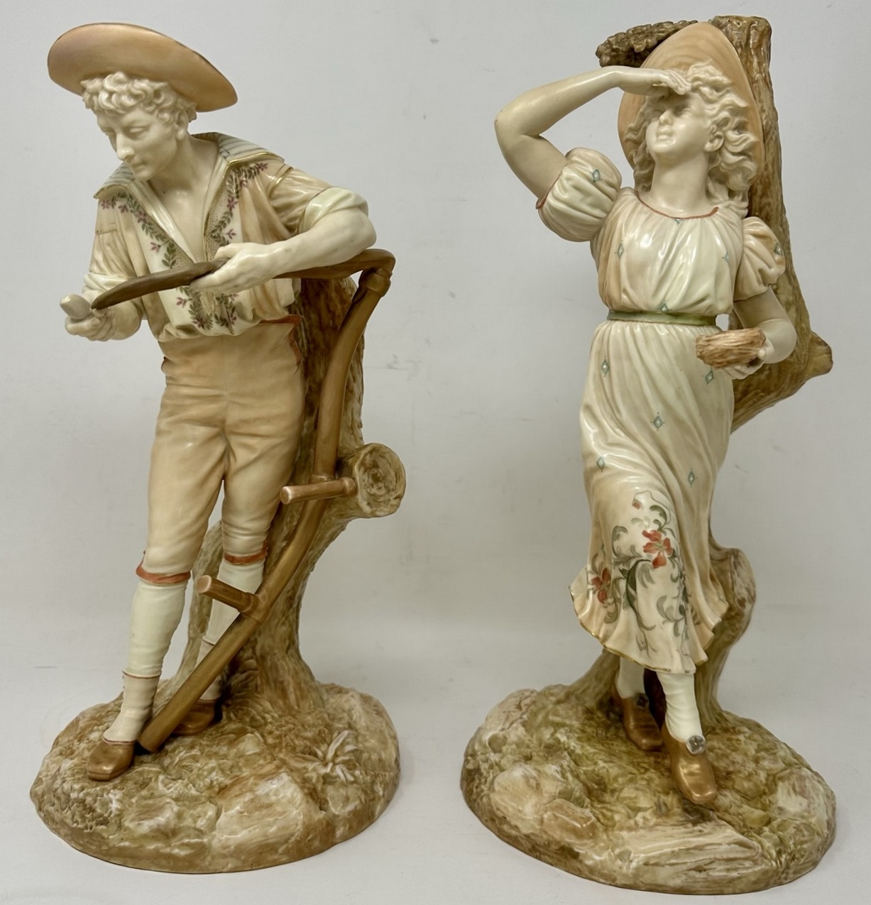 543. Antique Pair English Porcelain Royal Worcester James Hadley Blush Figures 19thCt