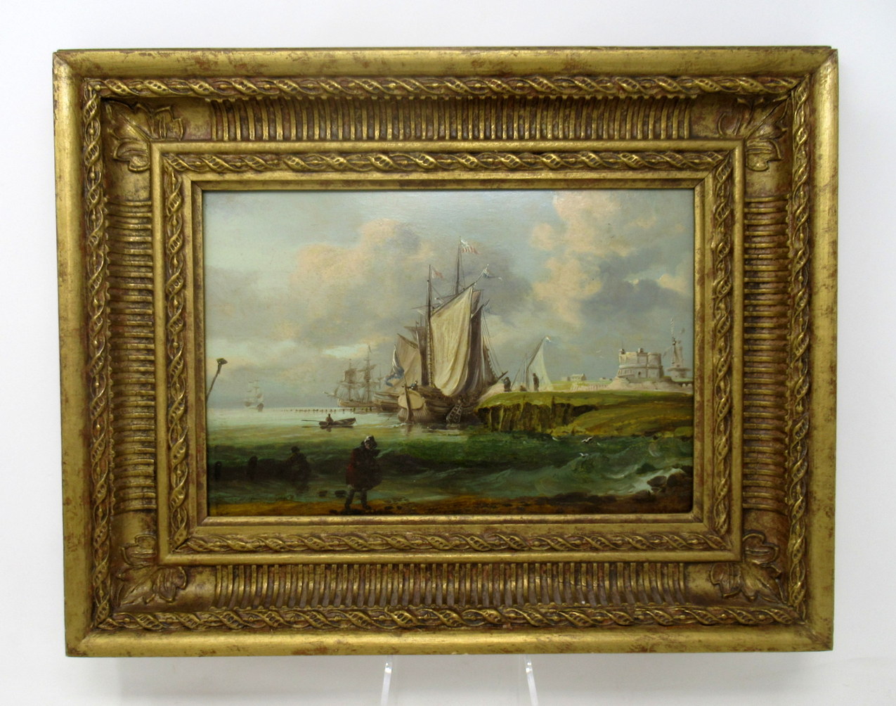 272. William Sadler Dublin Ireland Oil Painting on Board Harbor Scene Seascape Boats